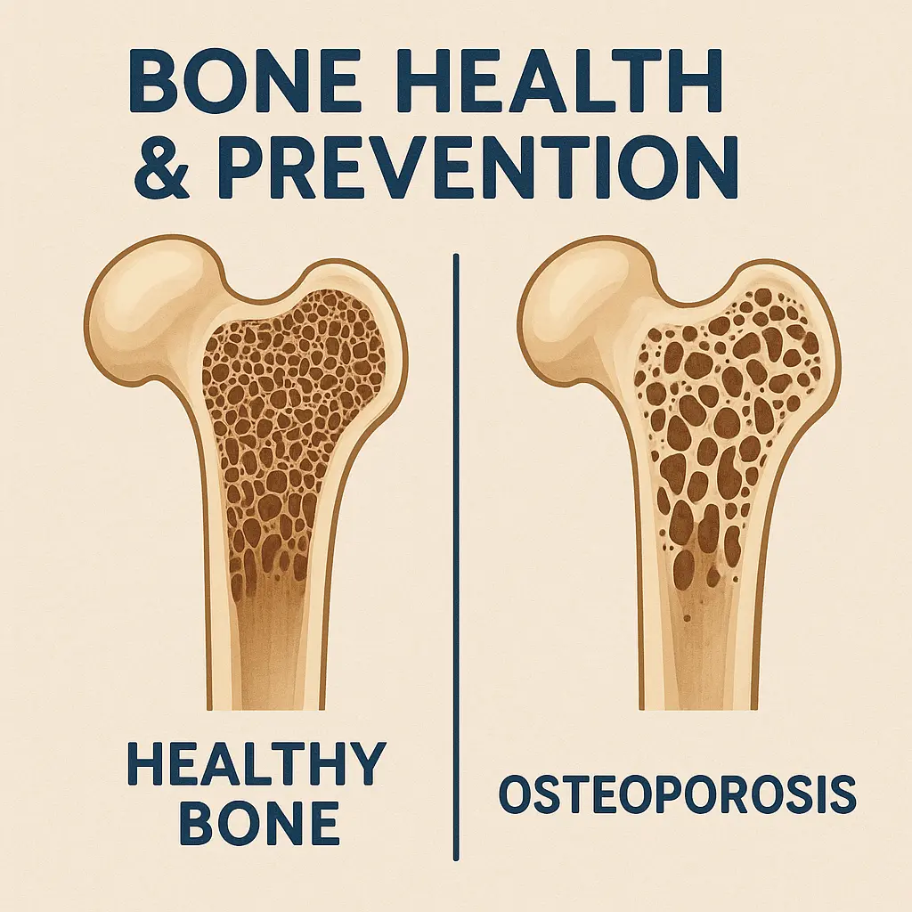 A detailed graphic of bones showing osteoporosis damage, promoting bone health and prevention