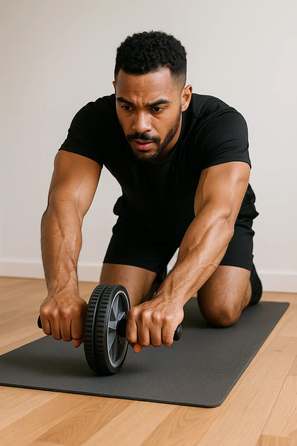 Man using an ab roller on a mat