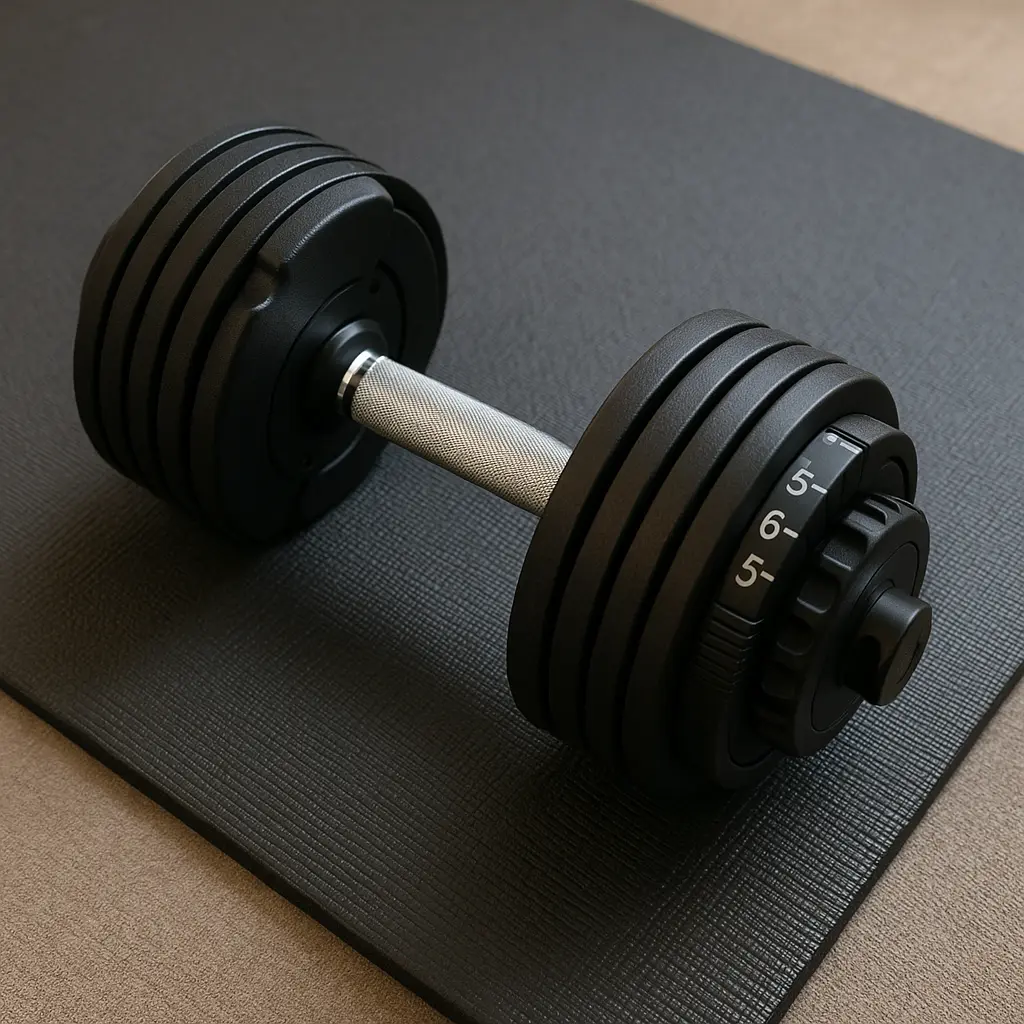 Adjustable dumbbells on a workout mat