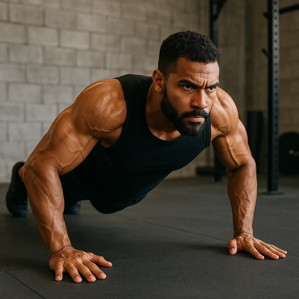 Strong person doing push-up demonstrating bodyweight muscle training