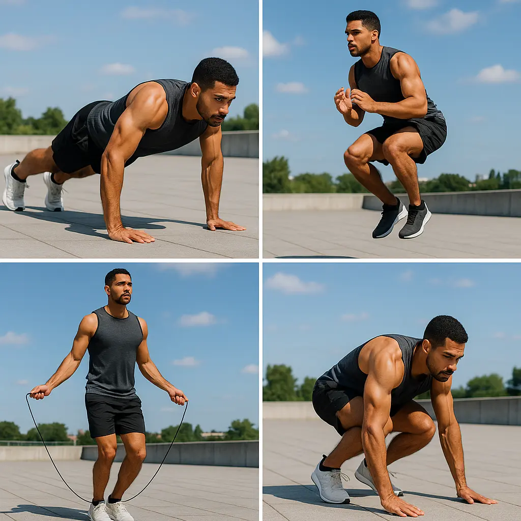 Athletic man performing high-intensity exercises outdoors, including burpees and jumping rope, showcasing calorie-burning workouts.