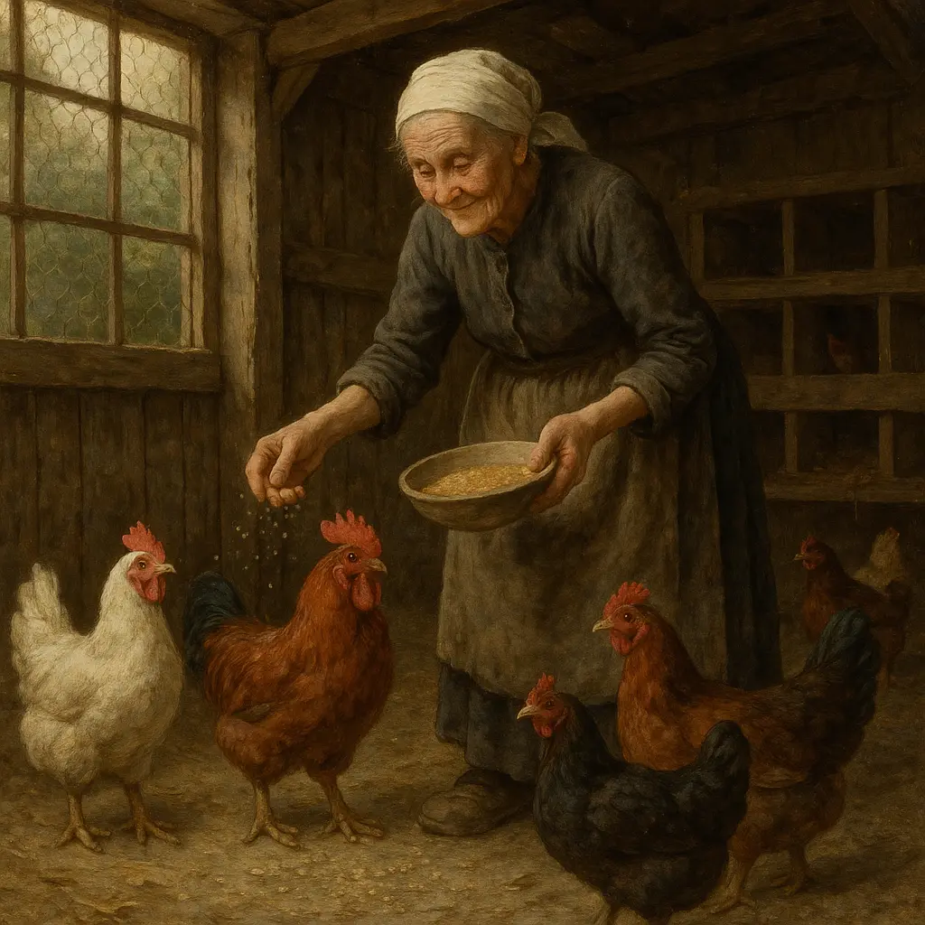 An old woman feeding chicken in a chicken coop