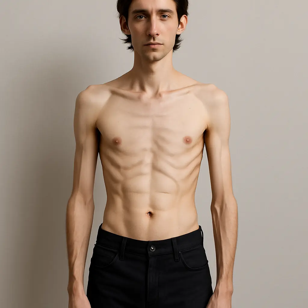 Slim male ectomorph body type with visible ribs and long limbs