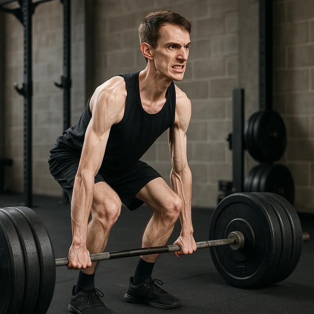 Ectomorph man doing heavy deadlifts in the gym
