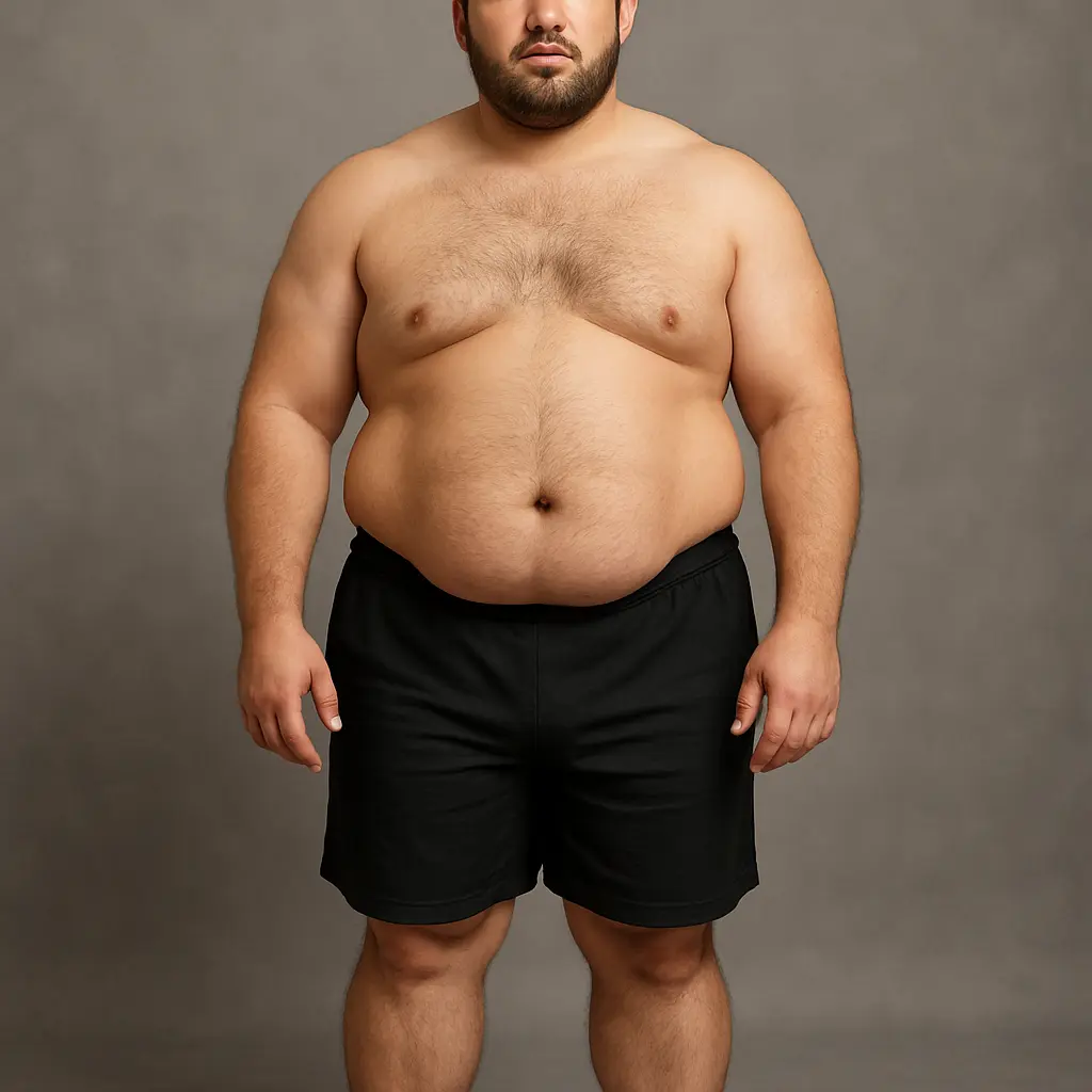 Endomorph male body with wide waist and thick limbs showing fat storage tendency