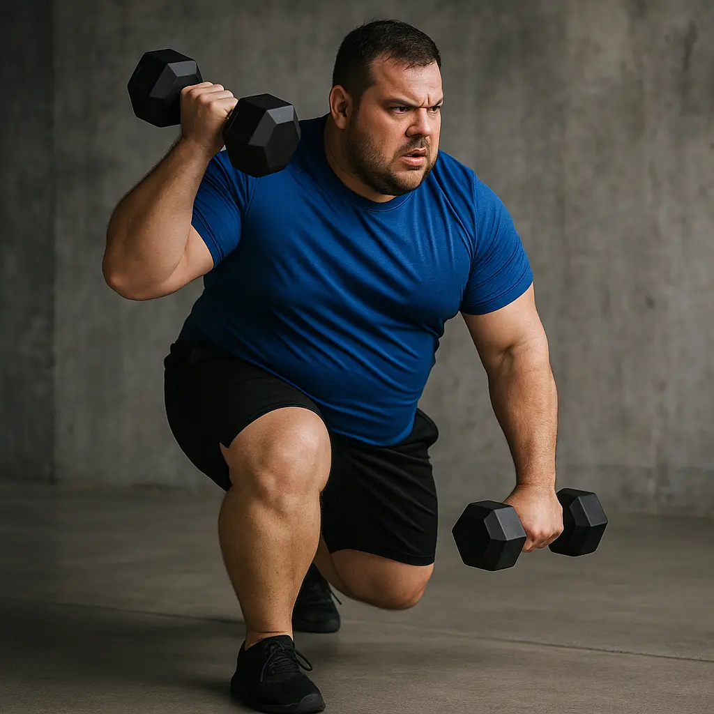 Endomorph man doing high intensity interval training with dumbbells