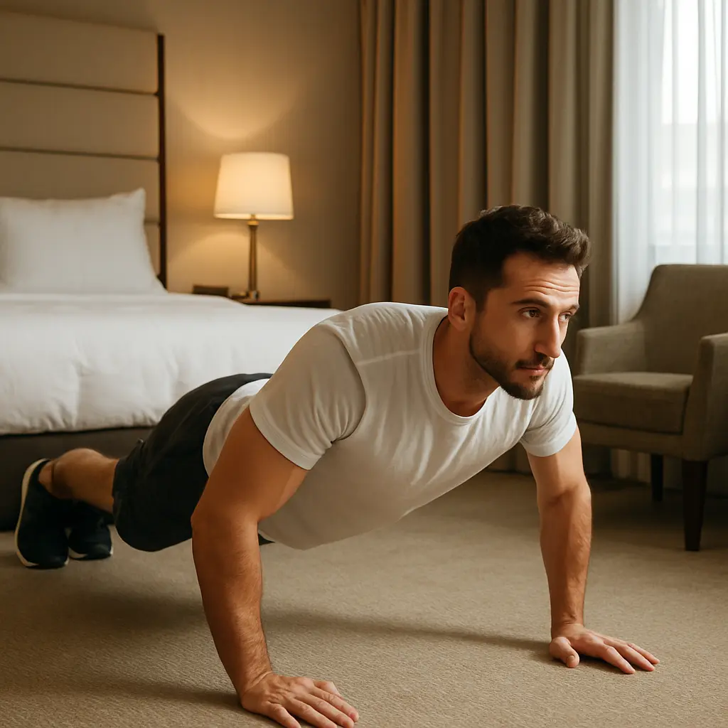 Man doing push-ups in a hotel room