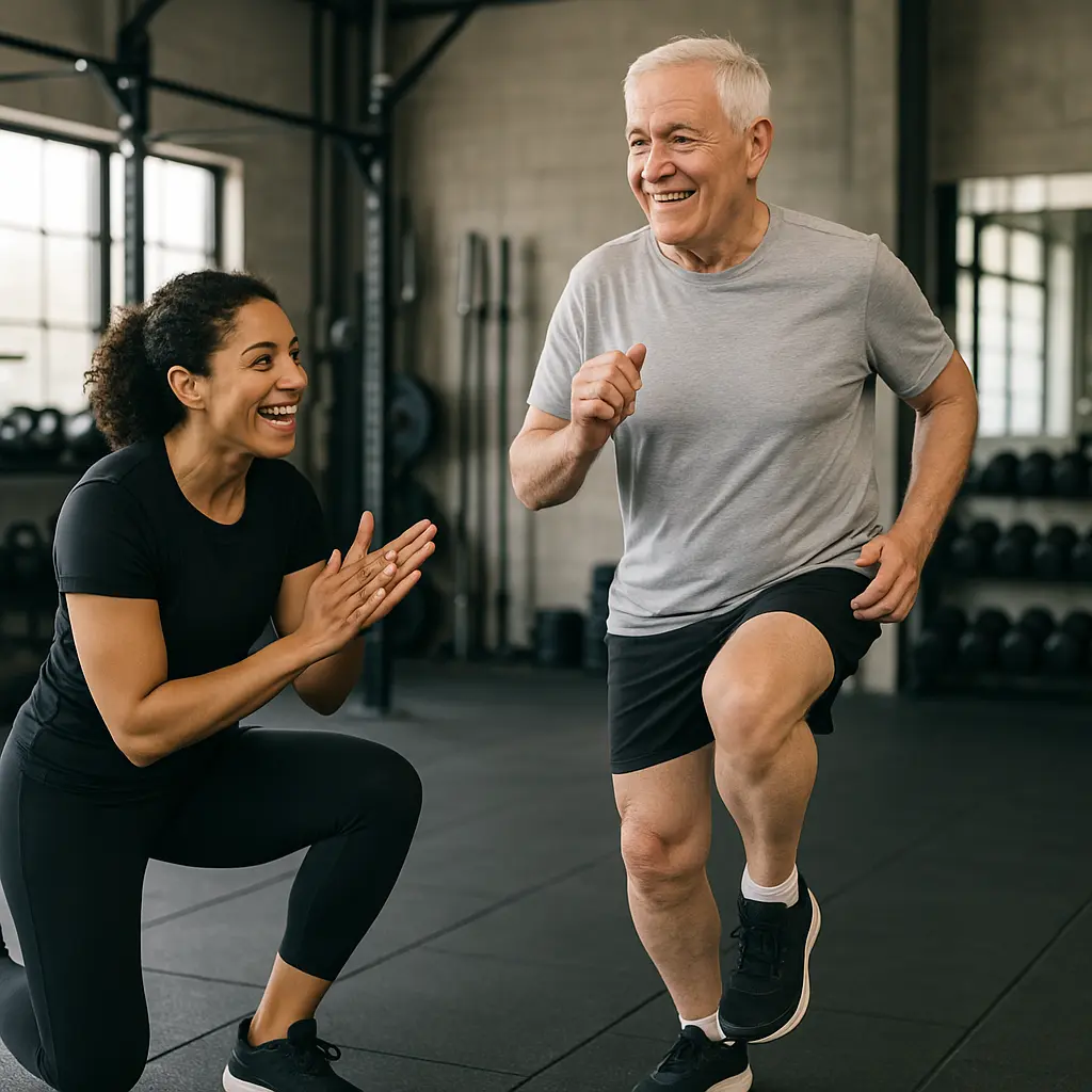 Older adult doing modified HIIT with a trainer in a gym setting