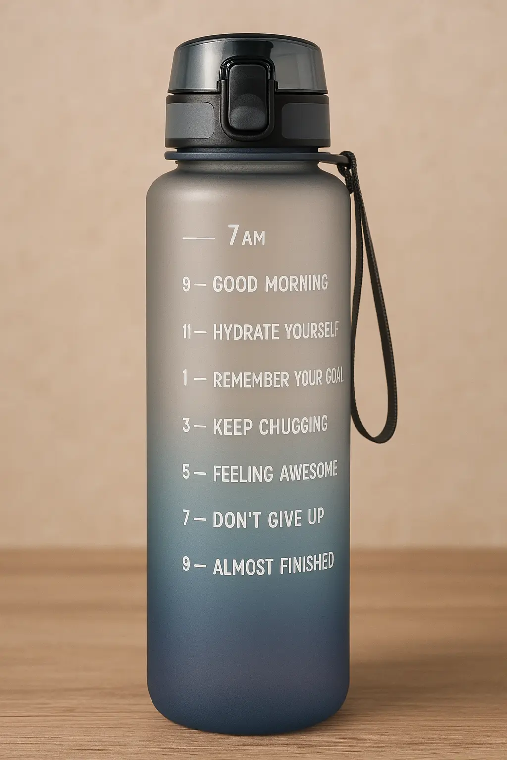 Water bottle with time markers on gym bench
