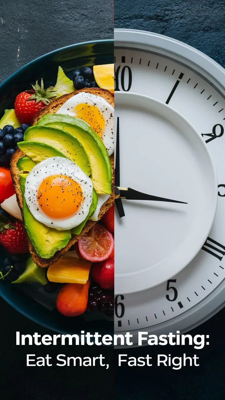 Intermittent fasting concept showing half plate of healthy food with eggs and avocado, and half clock representing eating and fasting windows