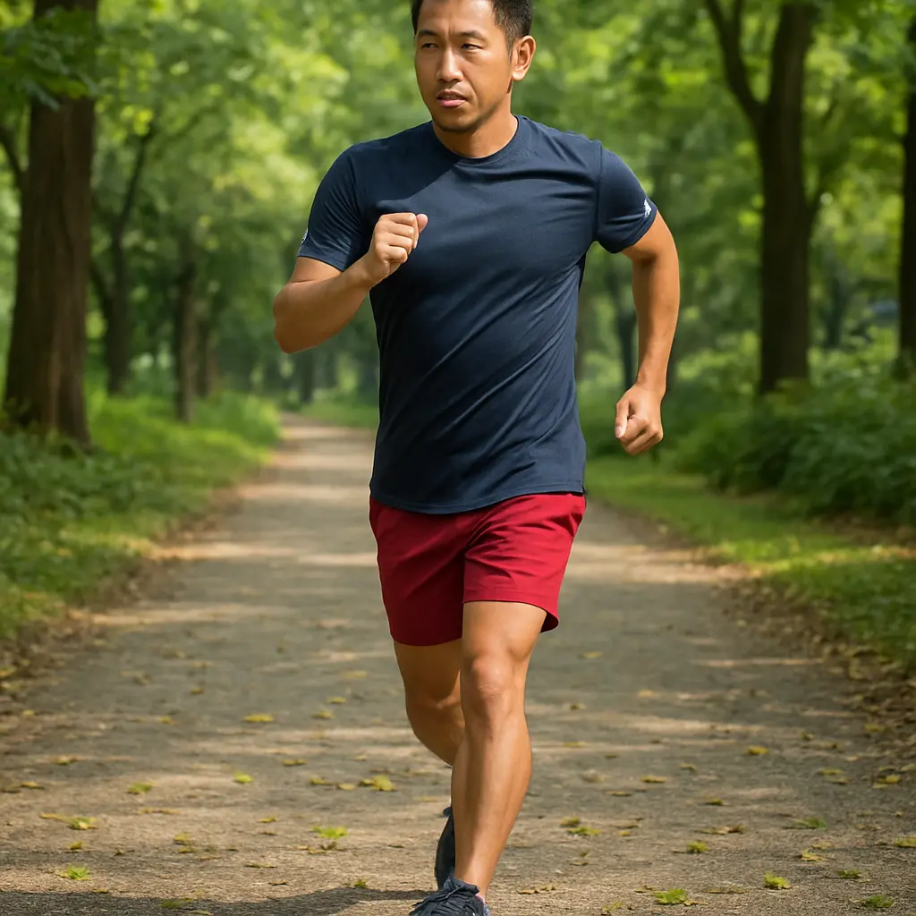 Person Power-walking briskly on a leafly park path during japanese interval walking session