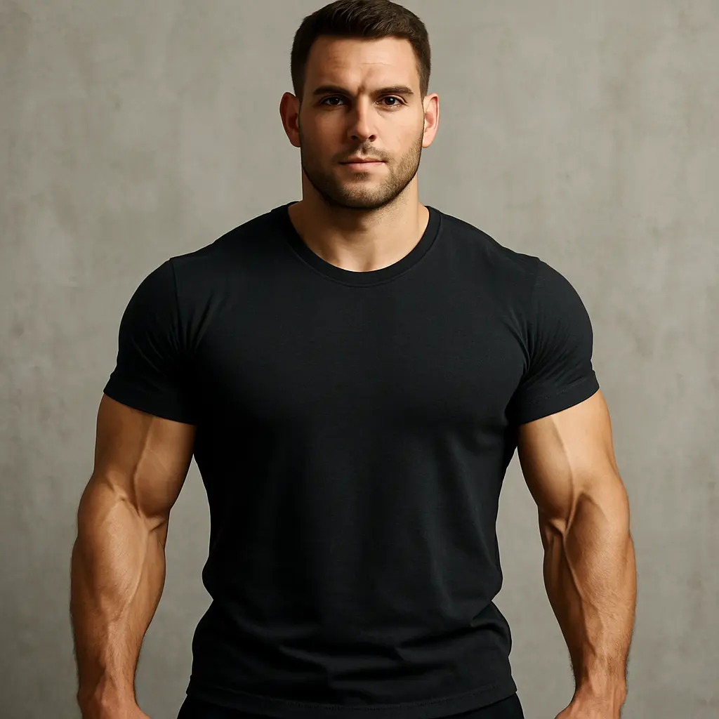 Mesomorph male with muscular build and broad shoulders indicating athletic body type