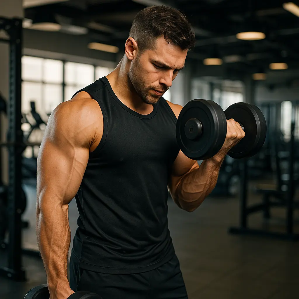 Mesomorph man doing resistance training with weights in a gym