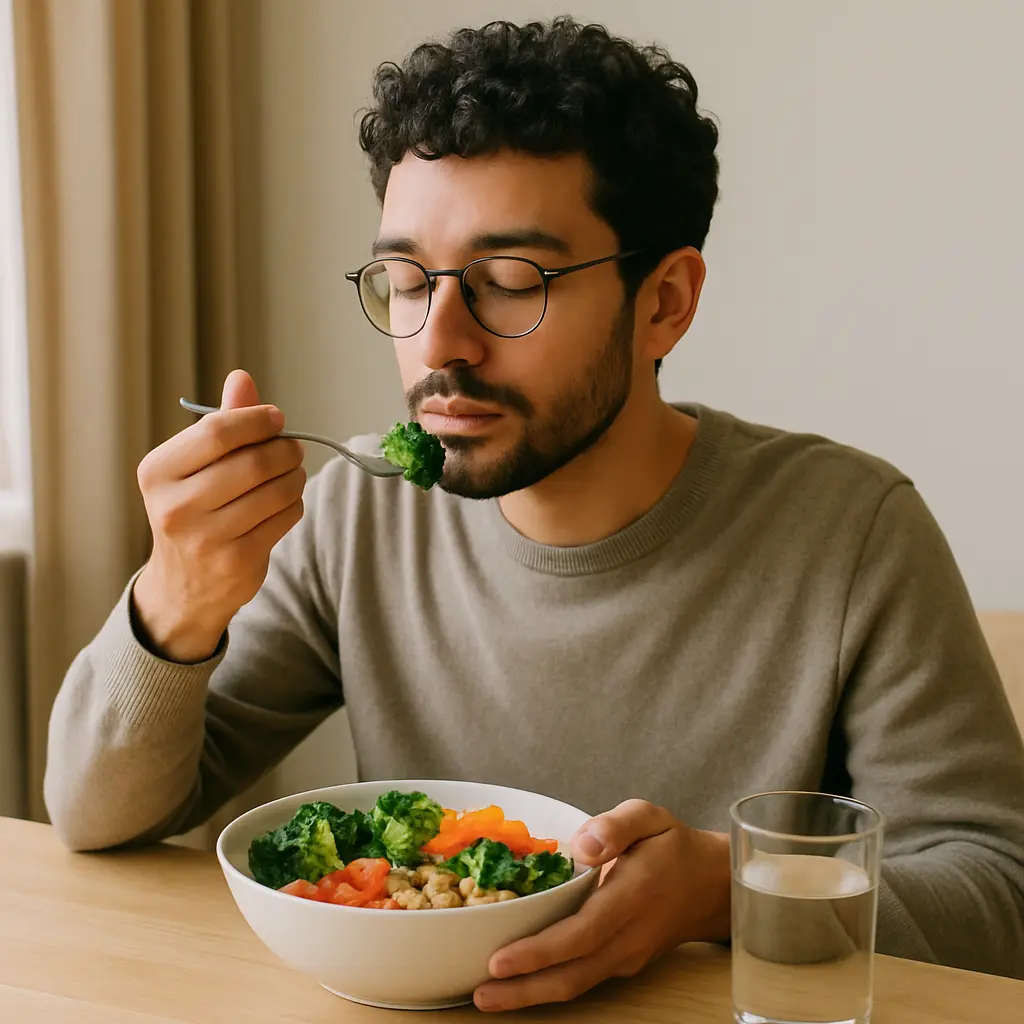 Person eating slowly and mindfully a healthy meal
