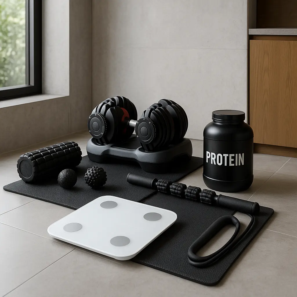 High-end home gym setup with adjustable dumbbells, smart scale, protein supplement, and recovery tools neatly arranged in a modern room