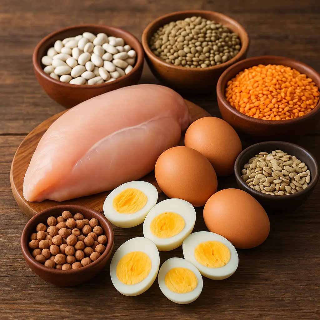 A portion of high-protein food including chicken, eggs, and legumes on a wooden table