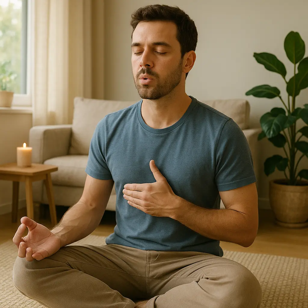 A calm man practicing stress management techniques like deep breathing and meditation in a peaceful environment