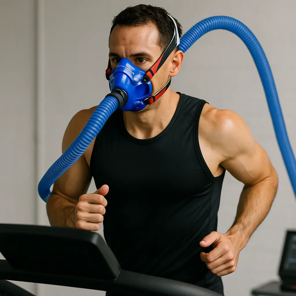 Athlete wearing a VO2 mask during a treadmill test for oxygen uptake measurement